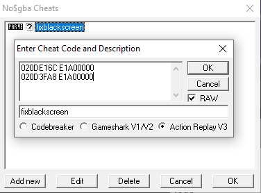 Can't enable blackscreen fix cheat code
